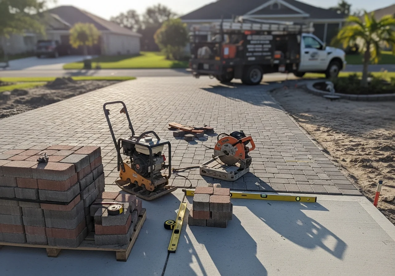 Paver installation crew with tools and materials on a residential driveway project site.