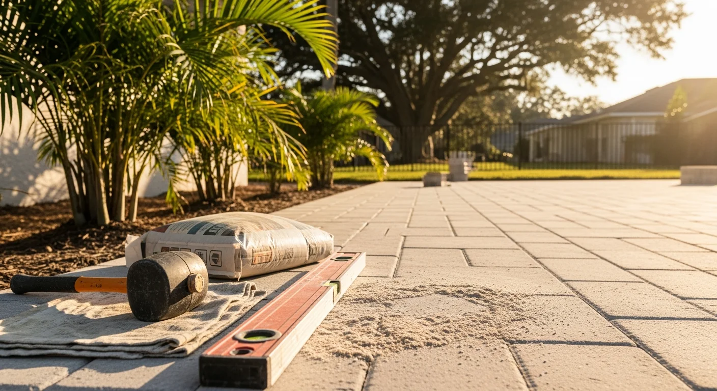 Custom patio with pavers and fire pit in Daytona Beach area