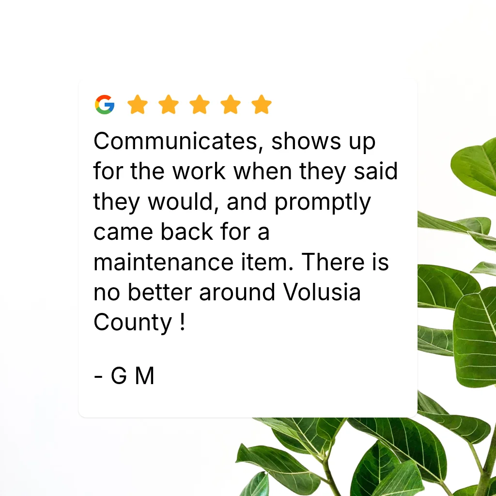 Five-star Google review card with green leaves on a white background