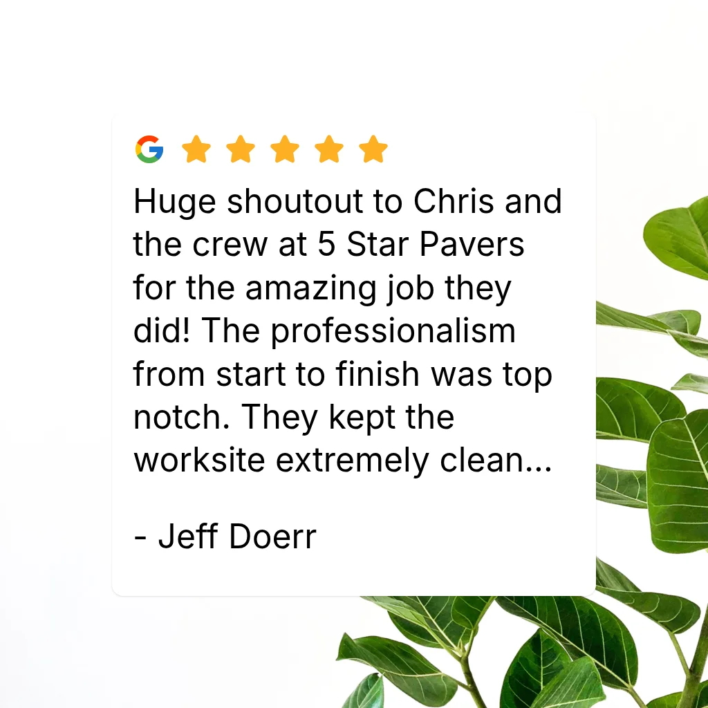 Five-star Google customer review card with decorative green leaves