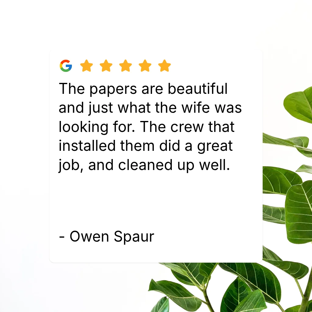 Five-star Google review card praising installation crew and clean job site, with green plant leaves in background