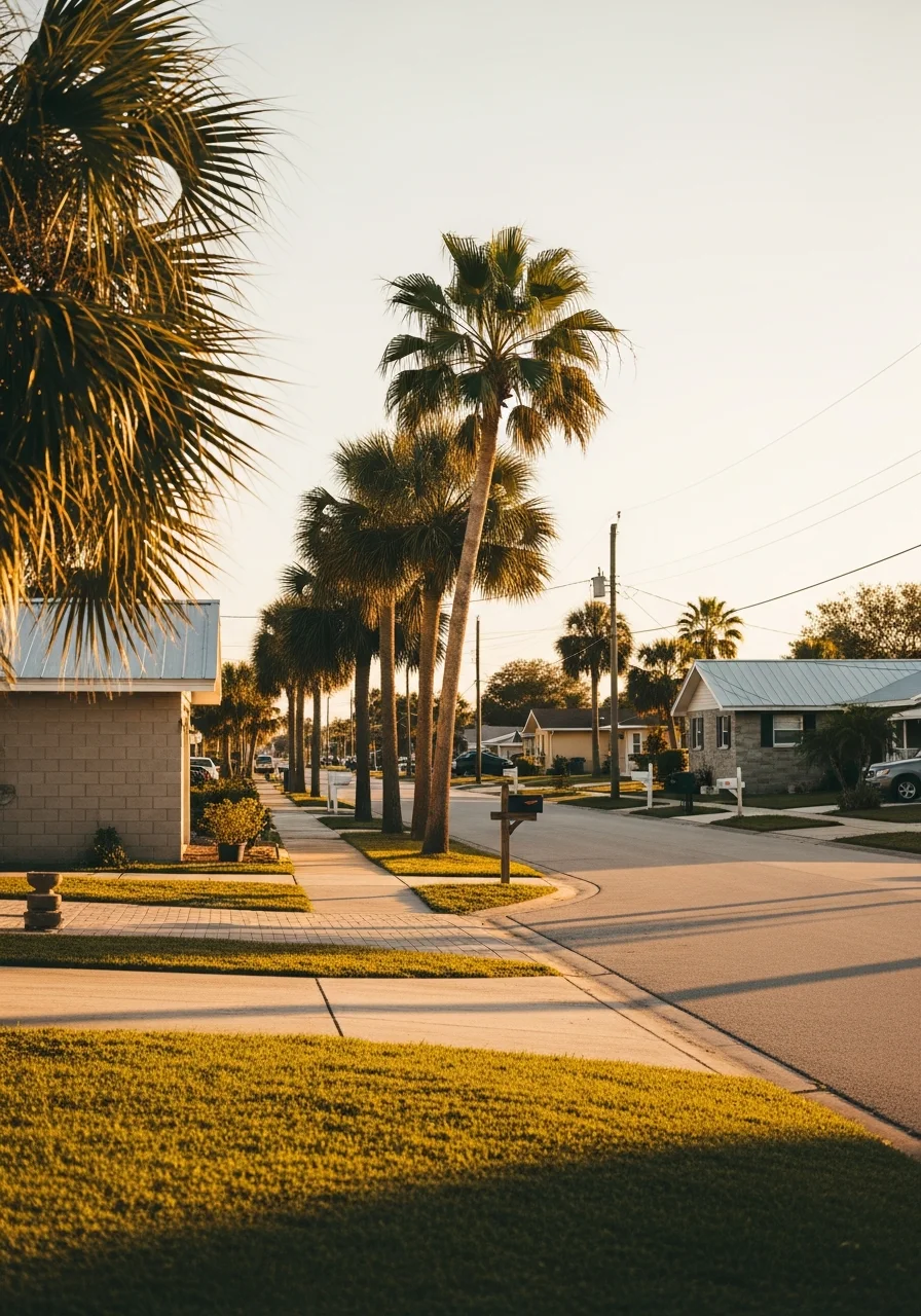 Daytona Beach residential neighborhood street with palm trees and single-family homes typical of the city's interior areas.