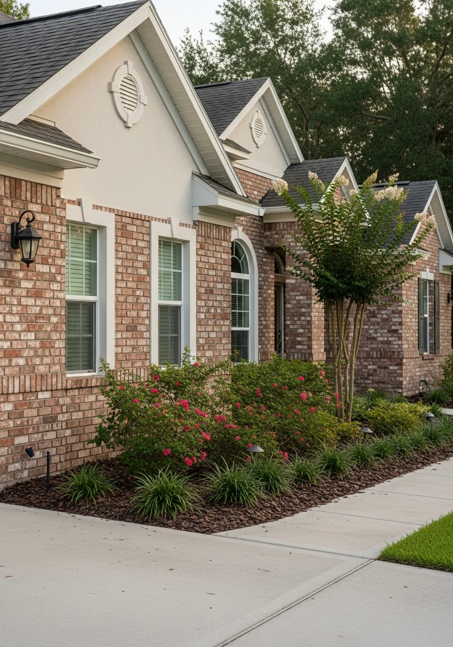 Close-up of a well-maintained Deland home exterior with brick detailing and established landscaping.