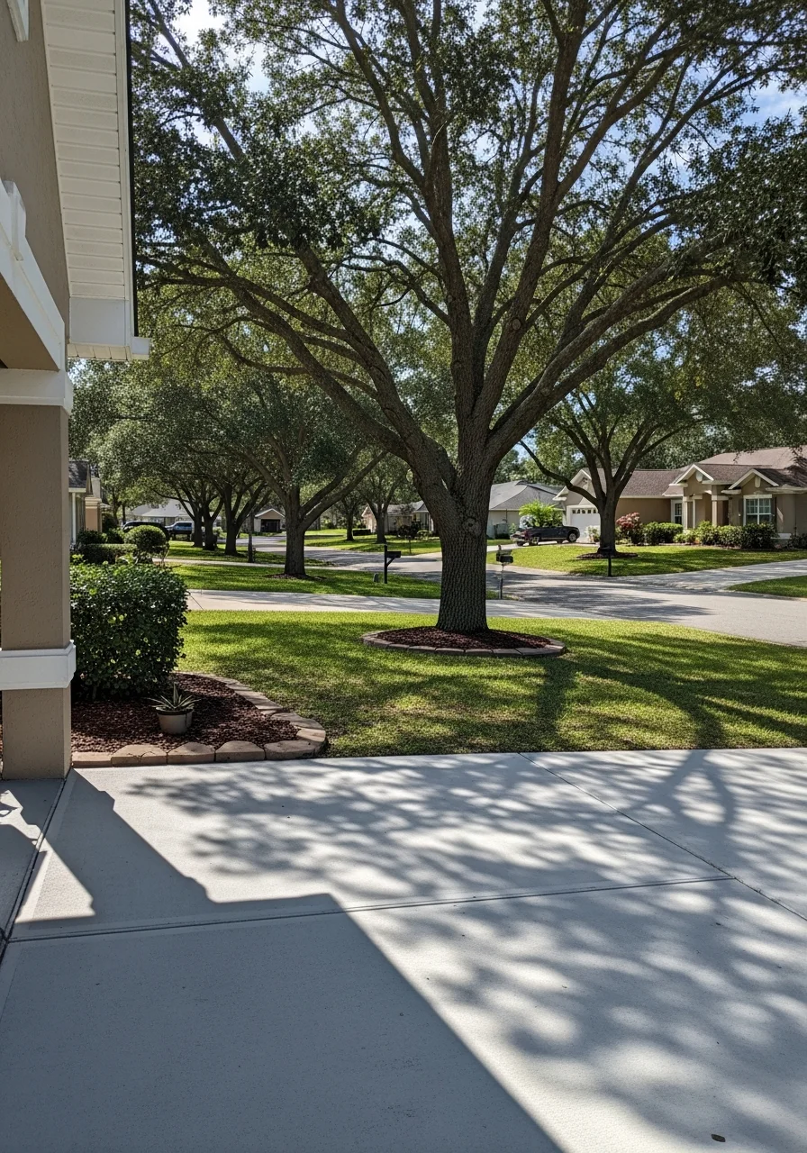 Deltona family neighborhood street with single-family homes, driveways, and established landscaping.