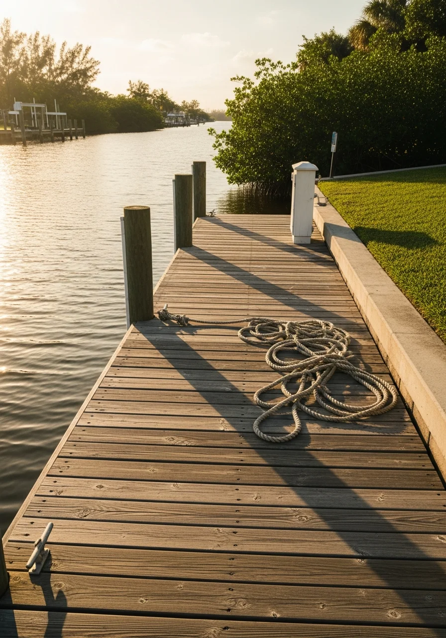 Canal-front New Smyrna Beach property with dock and waterfront landscaping in afternoon light.