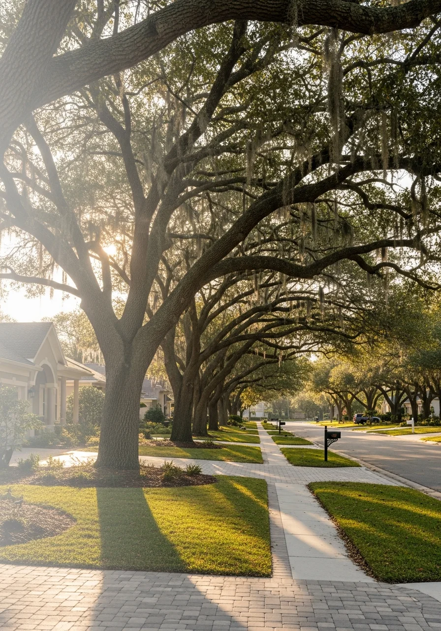 Ormond Beach established neighborhood with tree-lined street, well-maintained homes, and manicured properties.