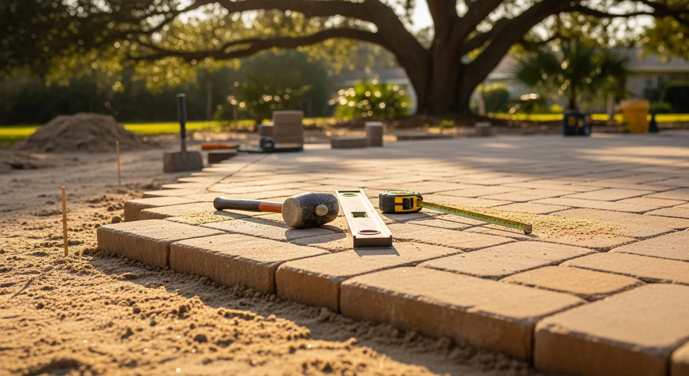 A finished paver patio backyard design at a Deland, Florida home, showing a defined seating zone, clean walkway edges, and a fire pit area surrounded by open lawn space. The hardscape surfaces reflect a layout planned for Florida's outdoor living climate.