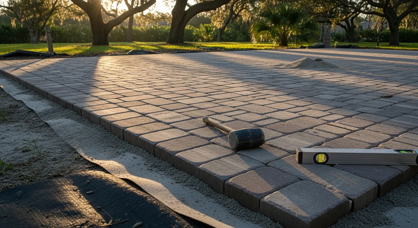 A custom paver patio and pergola built by 5 Star Pavers LLC in Deland, Florida, with an outdoor seating area and defined cooking zone in a residential backyard. The finished space shows a connected layout designed for shade, drainage, and year-round use in Central Florida's climate.