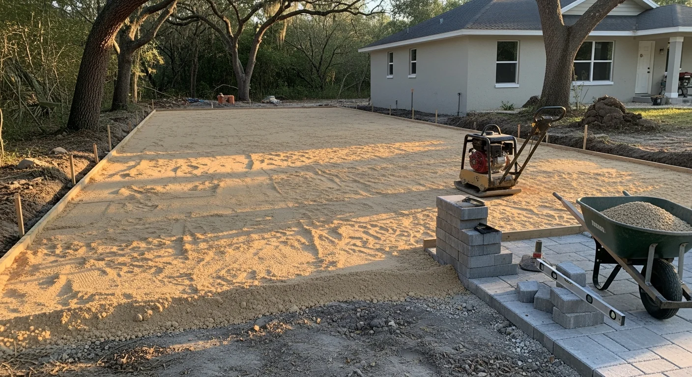 A freshly installed residential driveway in Deland, Florida, with clean edges and a smooth surface leading to a single-car garage. The surrounding yard shows typical Volusia County landscaping with sandy soil and mature trees along the property line.