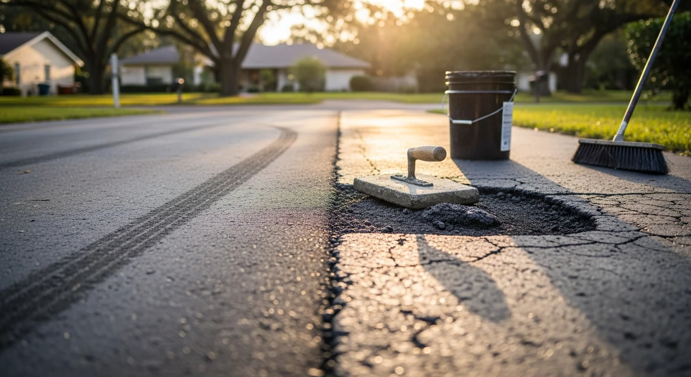 A repaired residential driveway in Deland, FL showing smooth, freshly patched pavement with clean edges and no visible cracks. The surface runs alongside a single-family home with green landscaping typical of a Deland neighborhood.