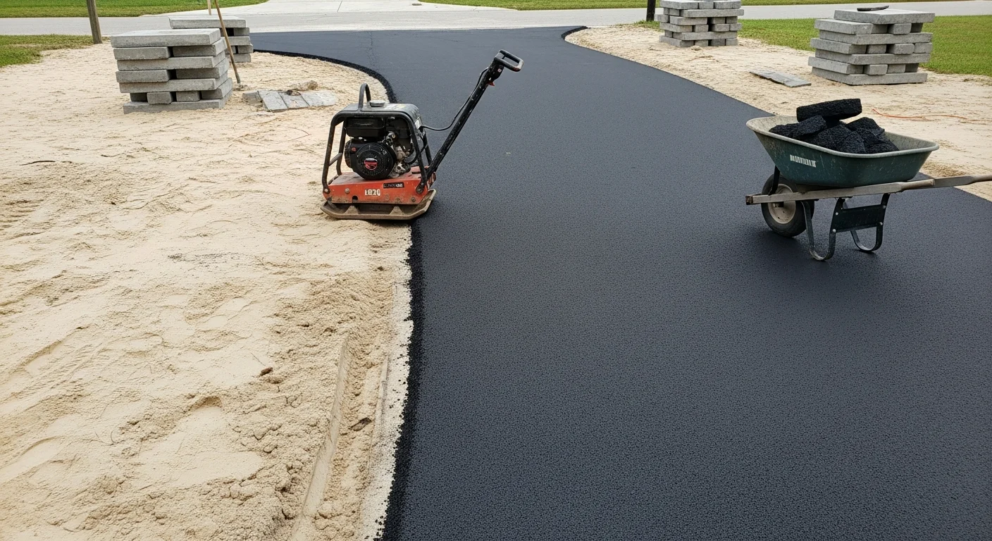 A newly installed paver driveway in front of a single-family home in Deland, FL, with clean edges, a smooth surface, and no visible cracking or settling. The driveway slopes away from the garage, showing proper drainage grading on a flat residential lot.