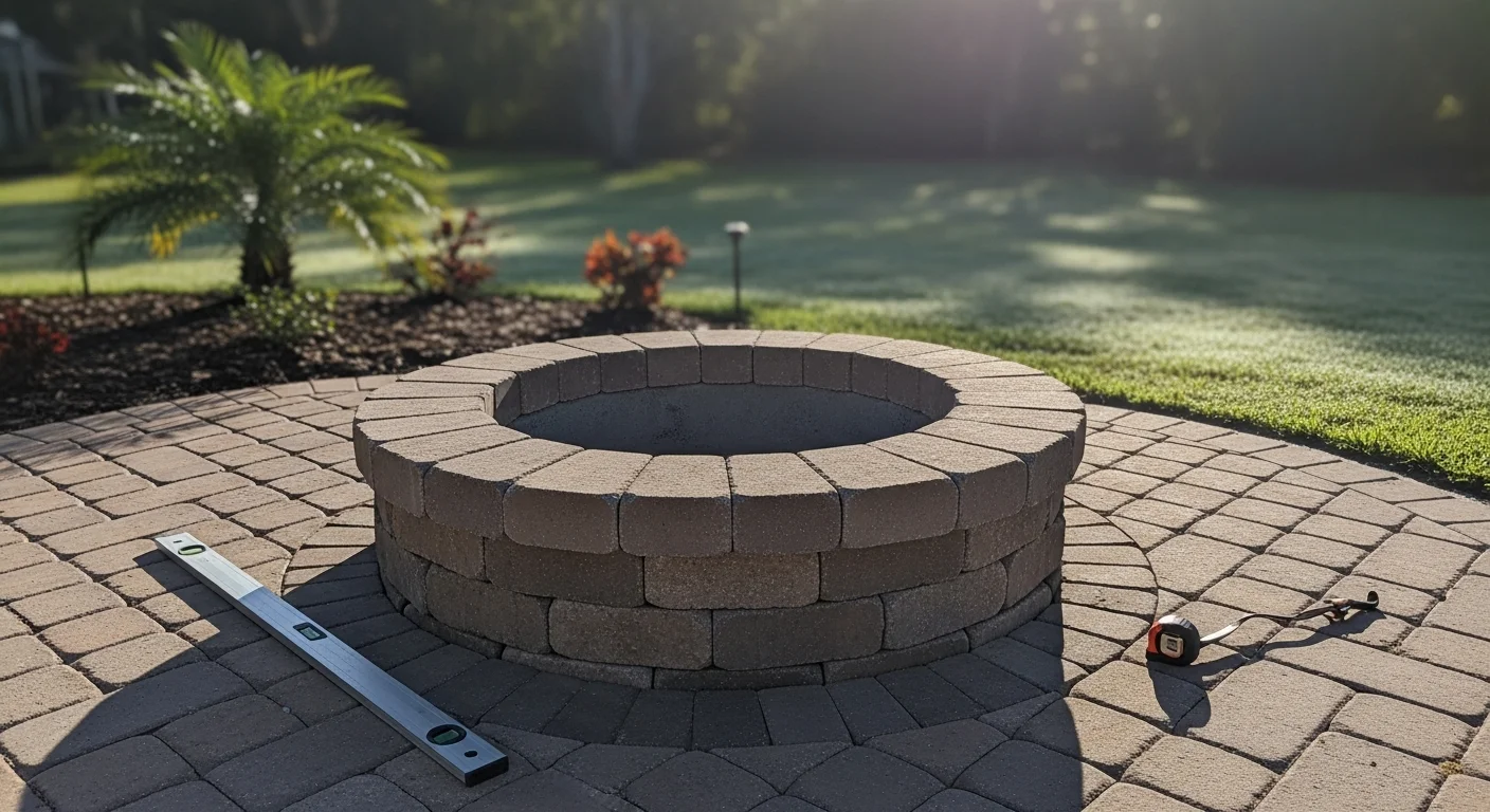 A built-in paver fire pit installed in a Deland, Florida backyard patio, surrounded by hardscape seating and integrated into an outdoor living space. The fire pit features a stone surround set flush with the patio surface on a level, finished base.