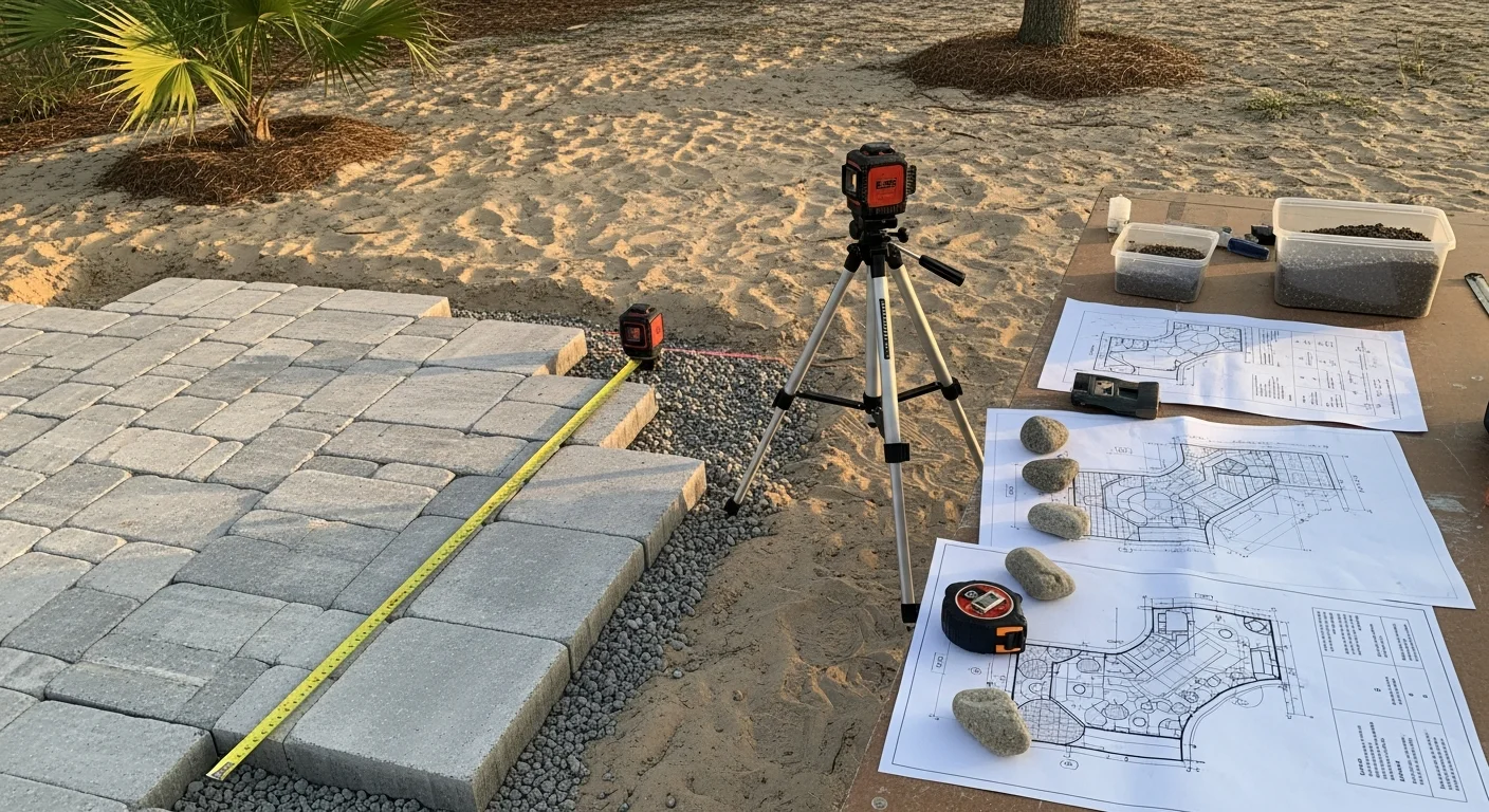 A finished paver patio and walkway designed by 5 Star Pavers LLC at a residential property in Deland, Florida. The hardscape features clean lines, a structured layout, and a graded surface that connects the backyard living area to the home's rear entrance.
