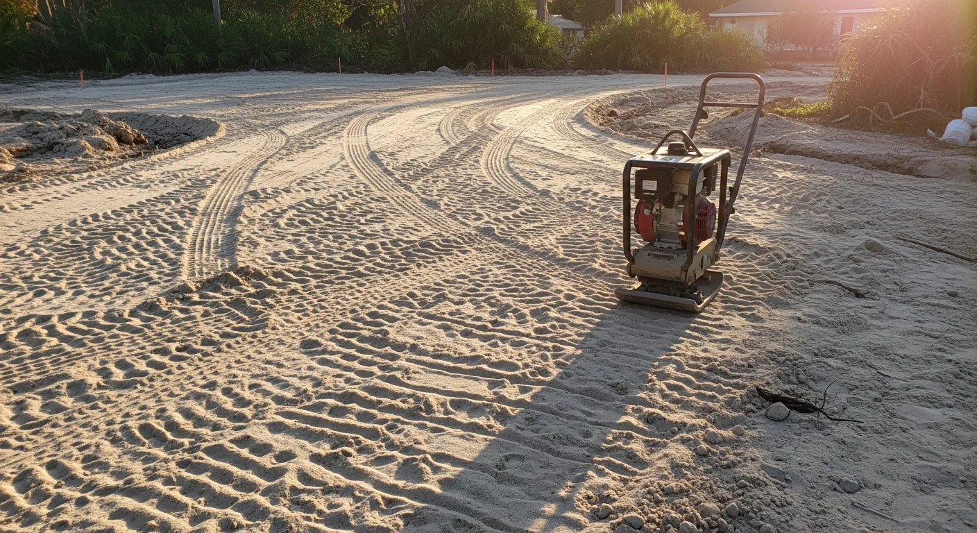 A Deland residential backyard showing excavated and graded ground with compacted subbase material ready for paver installation. The site is leveled and sloped away from the home's foundation in preparation for a hardscape surface.