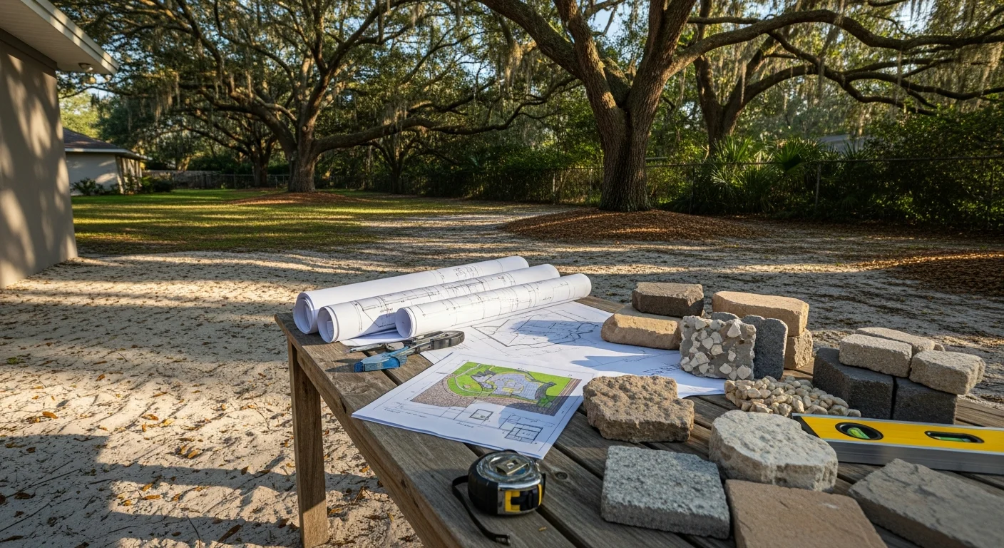 A planned patio layout consultation in progress for a Deland, Florida backyard, showing a paver surface design with defined seating zones and shade structure placement. The outdoor space reflects the open, sun-exposed conditions common to Volusia County residential properties.