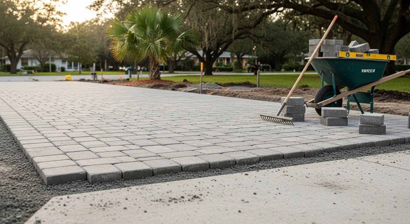 Newly installed permeable paver driveway at a DeLand, Florida home, showing interlocking pavers with open joints and a clean edge border leading to the garage. Water drains through the paver surface after a rain event, with no pooling visible on the driveway or adjacent lawn.