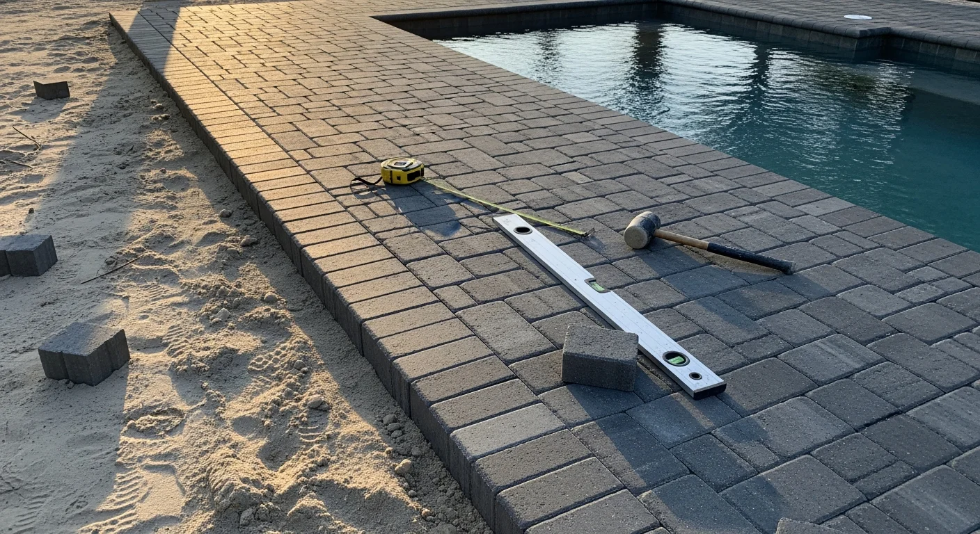 A newly designed paver pool deck surrounding a residential pool in Deland, Florida, with a light-colored textured surface and clean edge detailing. The layout shows open lounge space and a smooth transition from the pool coping to the surrounding yard.