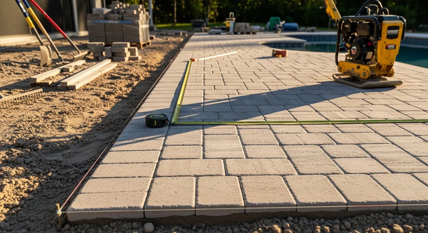 Newly installed paver pool deck surrounding a residential pool in Deland, Florida, with a textured light-toned surface and clean edges along the pool coping. The deck shows proper grading and open yard space typical of a Volusia County backyard setting.