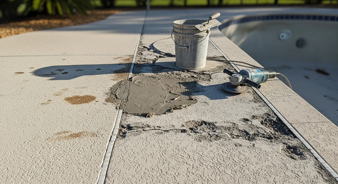 A repaired concrete pool deck surrounding a residential pool in Deland, Florida, showing a smooth, even surface with restored texture and no visible cracks. The deck edges are clean and flush, with no uneven sections or water pooling near the pool coping.