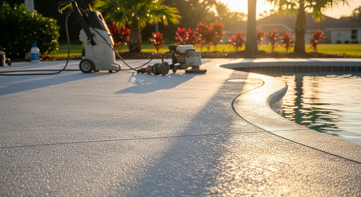 A freshly resurfaced residential pool deck in Deland, FL, showing a smooth, textured finish with clean edges around a backyard swimming pool. The surface is dry, even in color, and free of cracks or spalling.