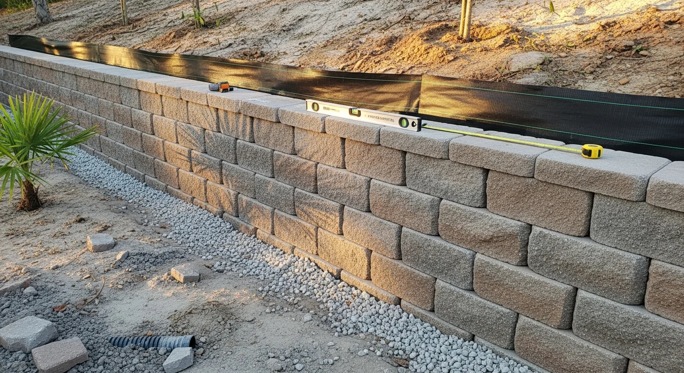 A completed retaining wall installation at a residential property in Deland, Florida, showing a structured block wall holding back a graded slope with a level lawn area in the foreground. The wall includes visible drainage design along the base, set against a typical Volusia County backyard landscape.