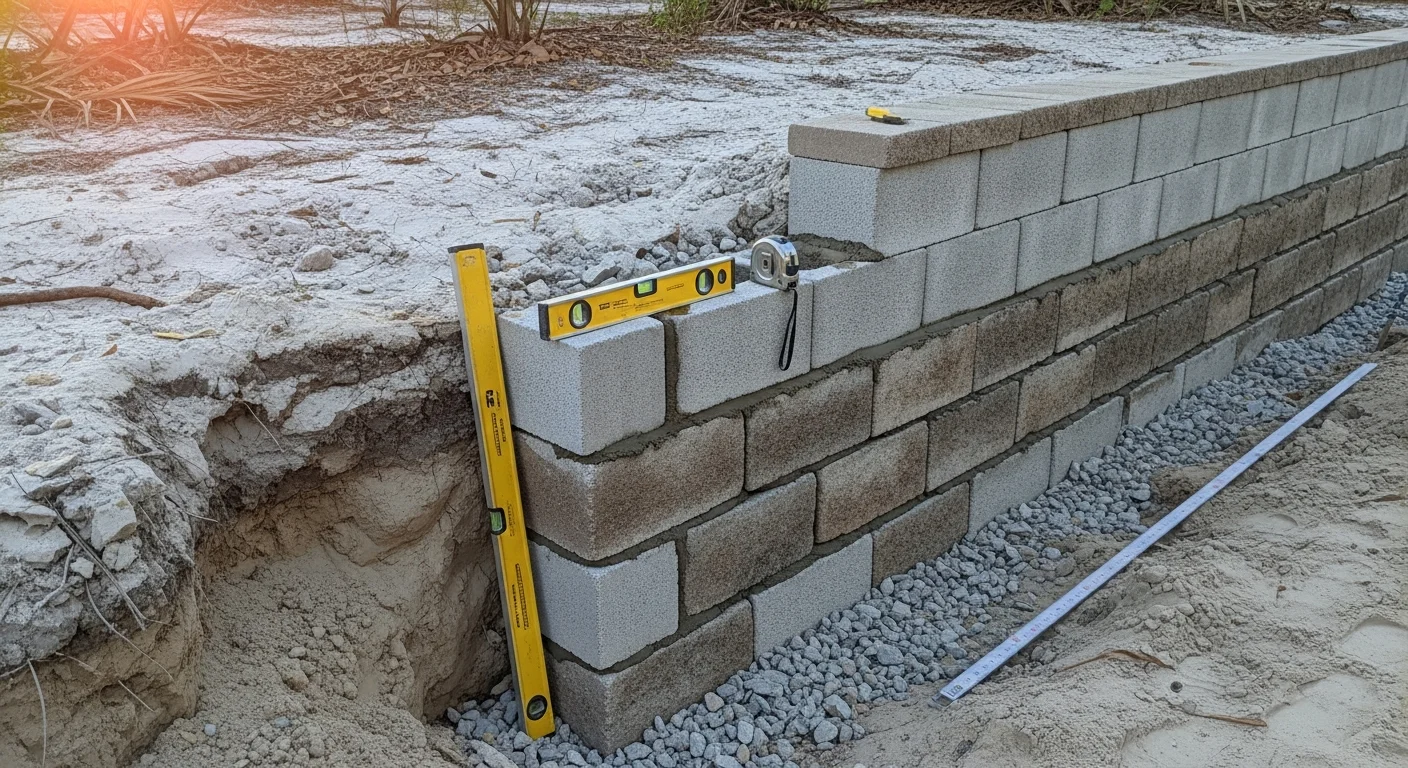 A repaired block retaining wall on a residential property in Deland, Florida, showing straight, level courses of stone with stable soil and lawn behind it. The wall runs along a sloped yard with no visible cracking, leaning, or displaced blocks.