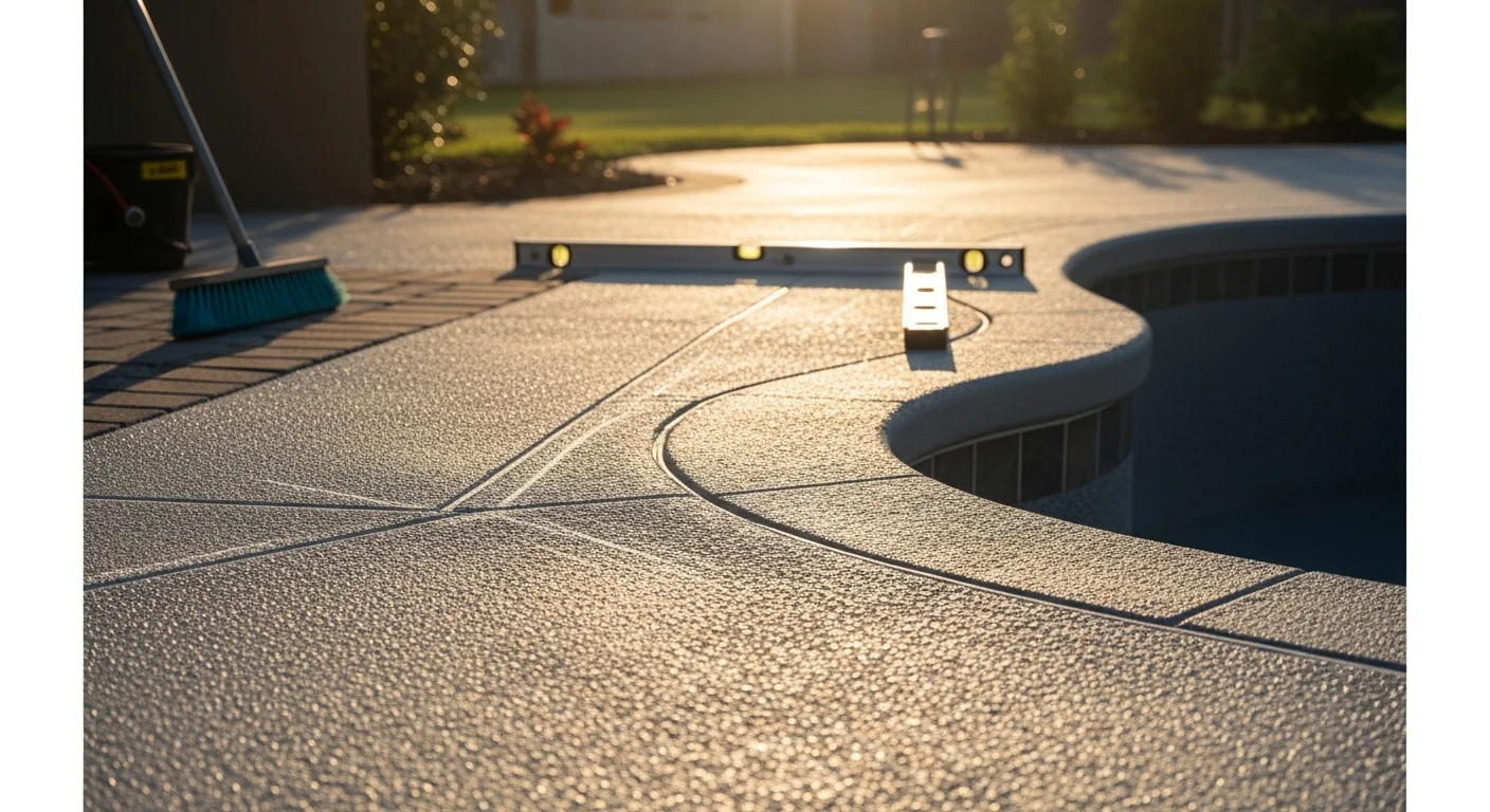 Freshly installed slip-resistant pool deck surrounding a residential pool in Deland, FL, showing a textured surface finish with clean drainage slopes and defined pool entry zones. The deck surface reflects the bright Central Florida sun while providing a safe, barefoot-friendly walking area.