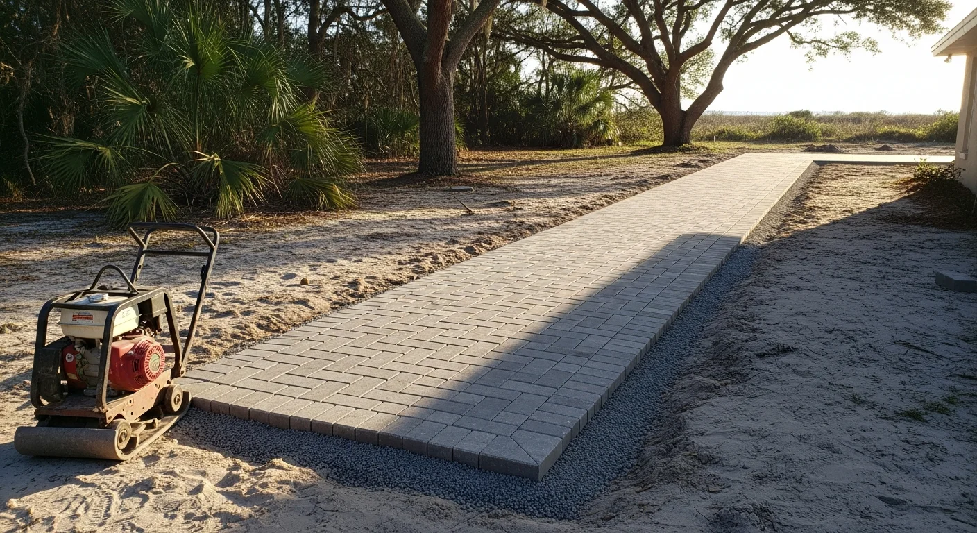 Freshly installed paver walkway leading from a residential front entry to the driveway at a Deland, Florida home. The path features a clean, level surface with tight joints and a neutral stone tone that complements the home's exterior.